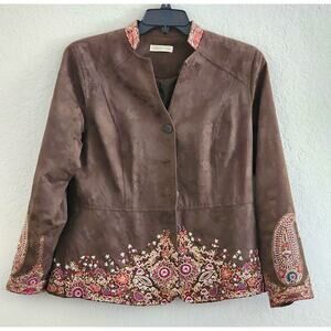 JACKET-COLDWATER CREEK-Brown-Suede Look-Embroidery-Long Sleeves-Button Up-Sz 12